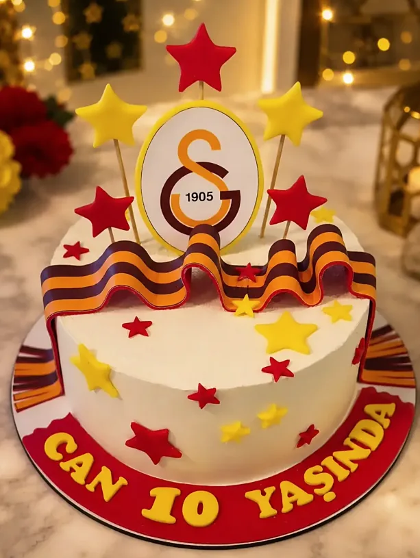 Galatasaray temalı doğum günü pastası, sarı-kırmızı renkler ve kulüp armasıyla