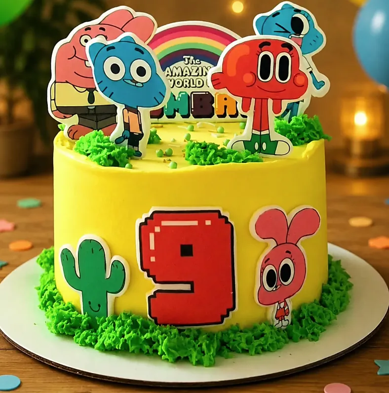 Gumball çizgi film temalı renkli çocuk doğum günü pastası